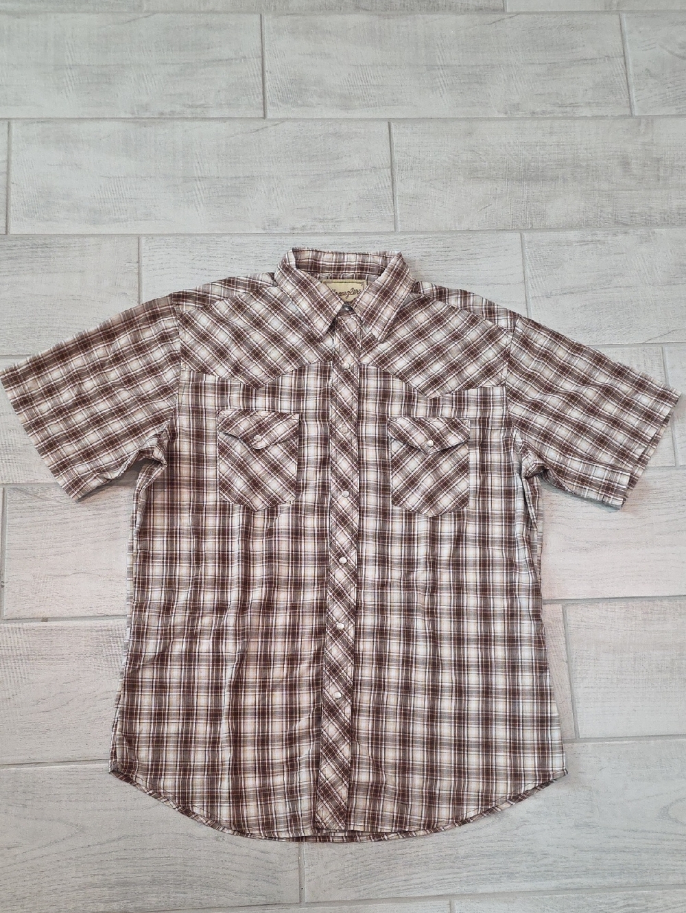 Wrangler Western Pearl Snap Men's Size Large Brown Plaid Short Sleeve Cowboy